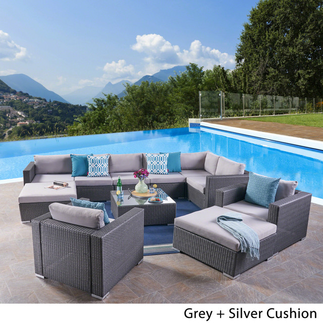 Tom Rosa Outdoor 8 Seater Wicker Sectional Sofa Set with Cushions, Grey with Silver Cushions