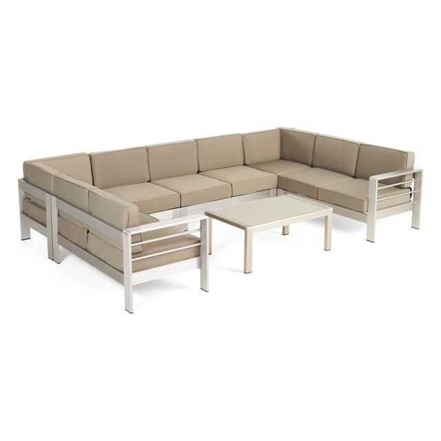 Emily Coral Outdoor 9-Seater Aluminum Sectional Sofa Set with Coffee Table, Silver and Khaki