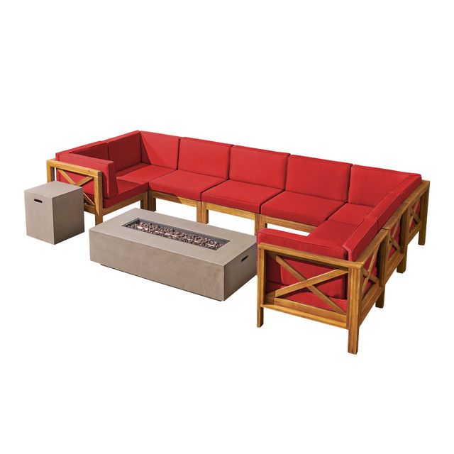 Cytheria Outdoor Sectional Sofa Set with Fire Pit | 10-Piece 8-Seater | Acacia Wood | Water-Resistant Cushions | Includes Tank Holder | Teak with Red and Light Gray