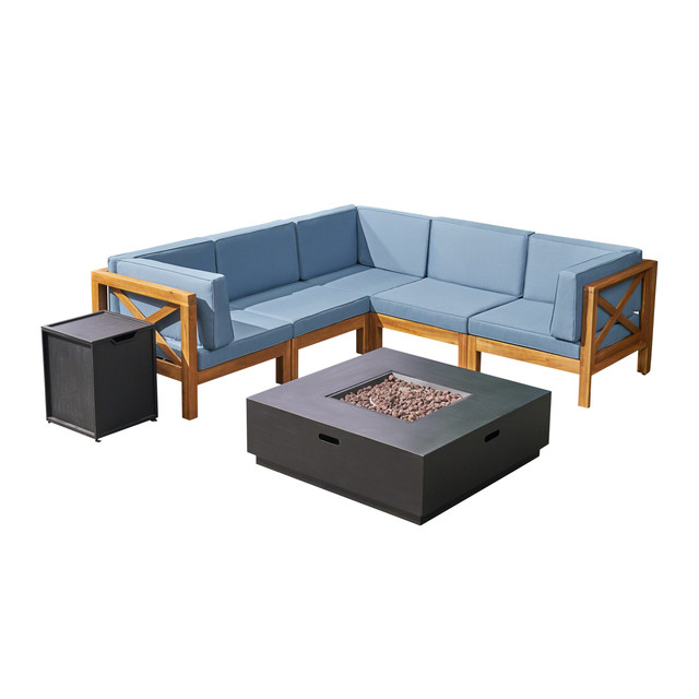 Gina Outdoor Sectional Sofa Set with Fire Pit | 7-Piece 5-Seater | Acacia Wood | Water-Resistant Cushions | Includes Tank Holder | Teak with Blue and Dark Gray