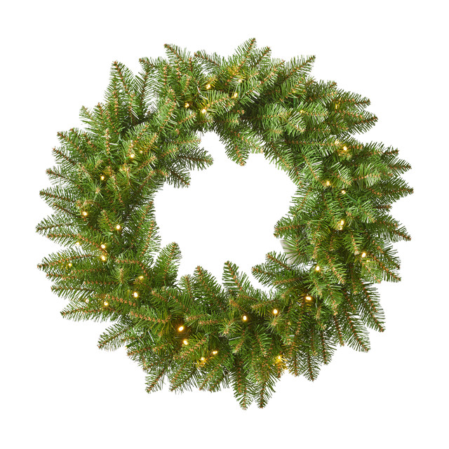 24" Dunhill Fir Christmas Wreath w/50 Warm White LED Lights, Battery-Operated, Timer Included