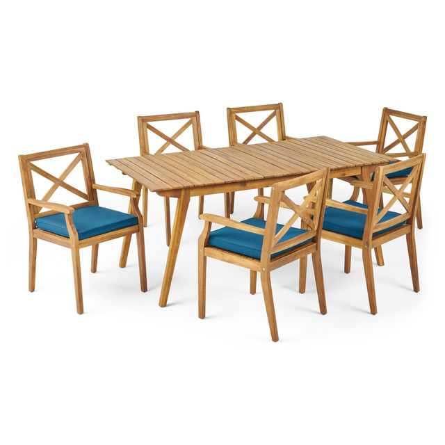 Alva Outdoor 6 Seater Acacia Wood Dining Set with Cushions