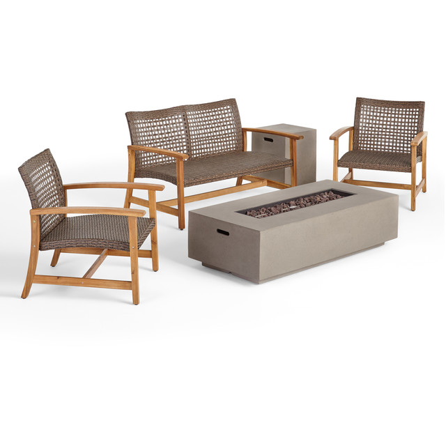 Allison Outdoor 5 Piece Wood and Wicker Chat Set with Fire Pit, Mixed Mocha and Light Gray