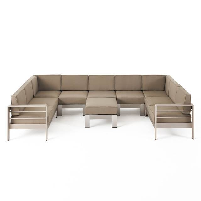 Laura Outdoor 9 Seater Aluminum U-Shaped Sofa Sectional and Ottoman Set