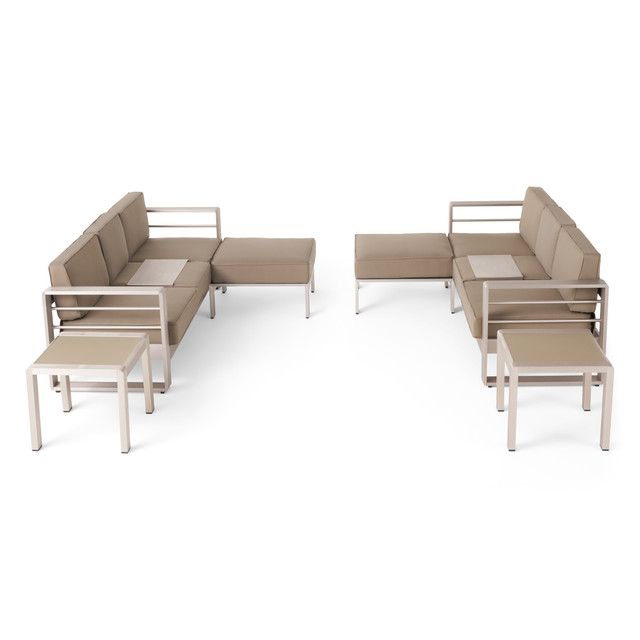 linda Outdoor 6 Seater Aluminum Sofa and Ottoman Set with Side Tables