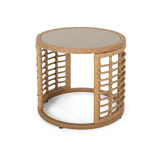 Aveion Indoor Modern Boho Wicker Side Table with Tempered Glass Top