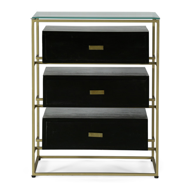 Sonne Modern Handcrafted 3 Drawer Glass Top Nightstand, Black and Brass