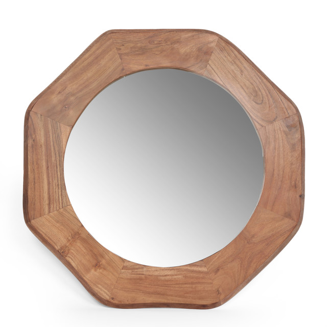 Ferrat Rustic Handcrafted Acacia Wood Round Wall Mirror, Natural