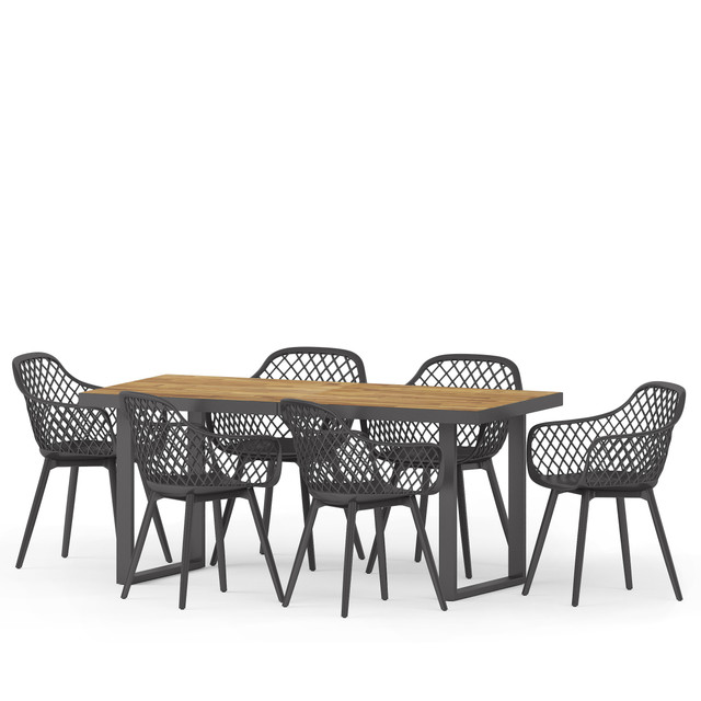 Strada Outdoor Wood and Resin 7 Piece Dining Set, Black and Teak