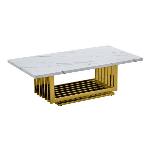 White marble top coffee table with gold color stainless steel base