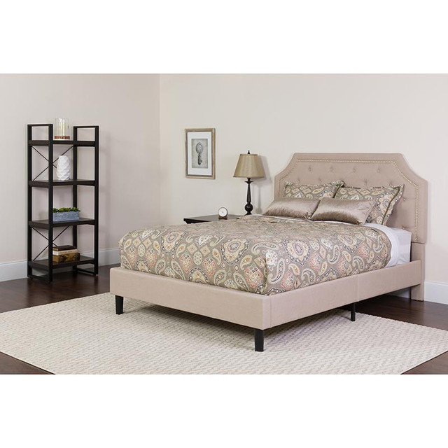 Brighton Full Size Tufted Upholstered Platform Bed in Beige Fabric with Pocket Spring Mattress
