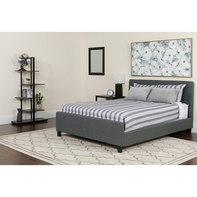 Tribeca Full Size Tufted Upholstered Platform Bed in Dark Gray Fabric with Pocket Spring Mattress