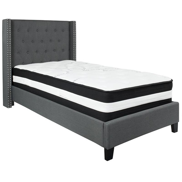 Riverdale Twin Size Tufted Upholstered Platform Bed in Dark Gray Fabric with Pocket Spring Mattress