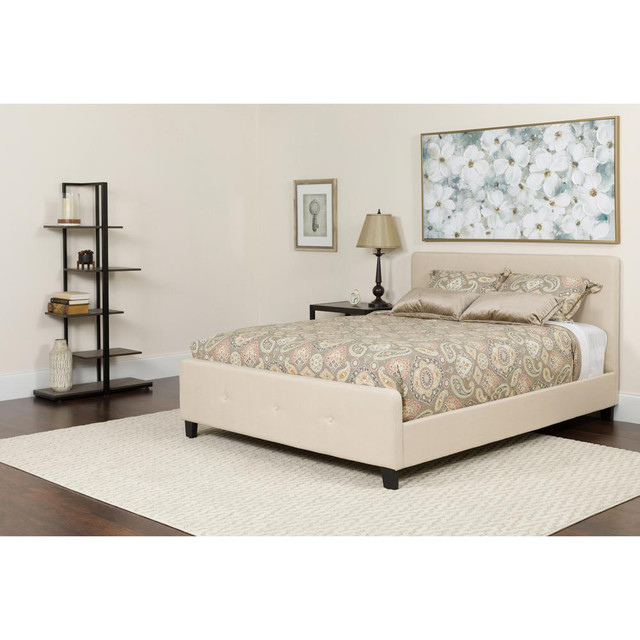 Tribeca King Size Tufted Upholstered Platform Bed in Beige Fabric with Memory Foam Mattress