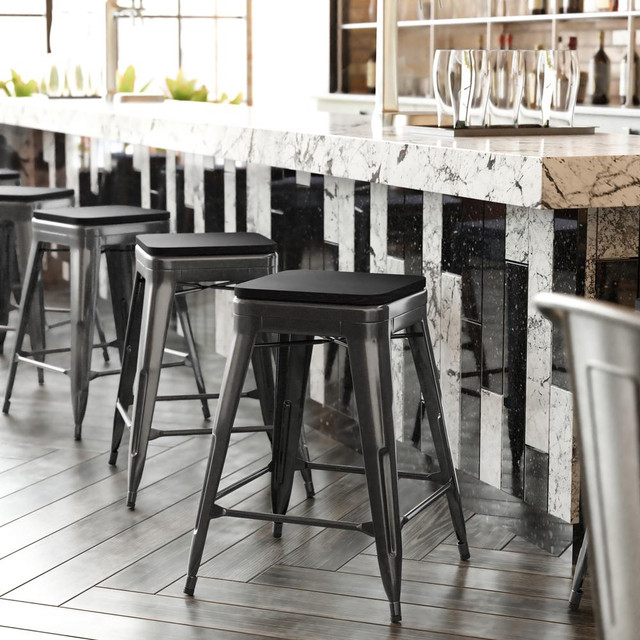 Cierra Set of 4 Commercial Grade 24" High Backless Black Metal Indoor Counter Height Stools with Black All-Weather Poly Resin Seats