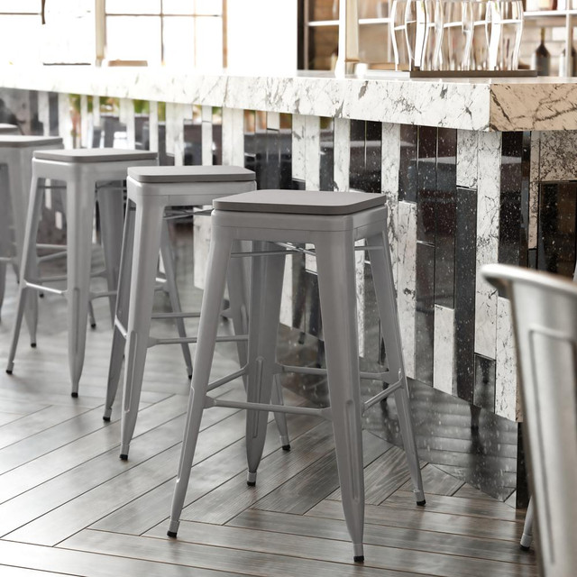 Cierra Set of 4 Commercial Grade 30" High Backless Silver Metal Indoor Bar Height Stools with Gray All-Weather Poly Resin Seats