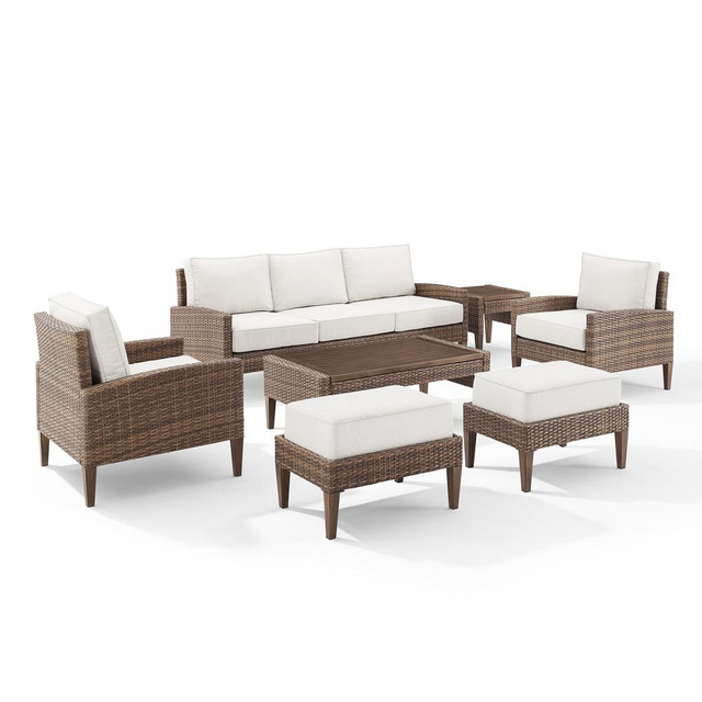 Capella 7Pc Outdoor Wicker Sofa Set Creme/Brown - Sofa, Coffee Table, Side Table, 2 Armchairs, & 2 Ottomans