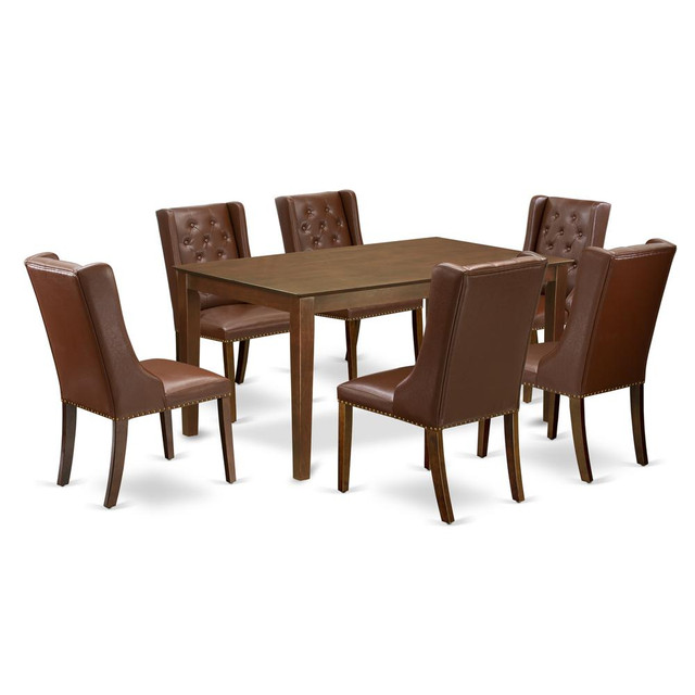 East West Furniture CAFO7-MAH-46 7-Piece Modern Dining Set Includes 1 Rectangular Kitchen Dining Table and 6 Brown Linen Fabric Kitchen Chairs with Button Tufted Back - Mahogany Finish