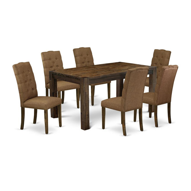 East West Furniture CNEL7-77-18 7-Piece Modern Dining Table Set- 6 Dining Room Chairs with Brown Beige Linen Fabric Seat and Button Tufted Chair Back - Rectangular Table Top & Wooden 4 Legs - Distress