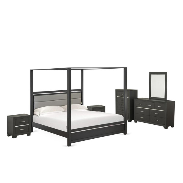 East West Furniture DE20-K2NDMC 6 Piece Bedroom Set Includes 1 King Bed, 2 Bedroom Nightstand, 1 Wood Dresser, 1 Mirror, and a Drawer Chest - Brushed Gray Finish
