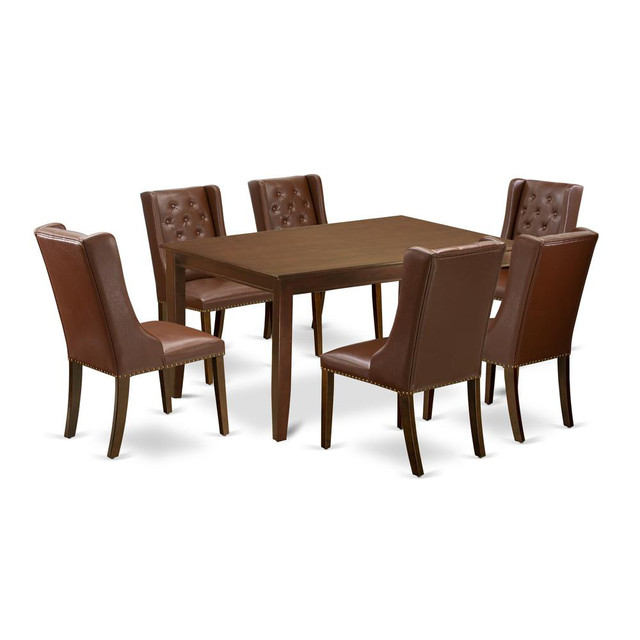 East West Furniture DUFO7-MAH-46 7-Piece Kitchen Dining Set Includes 1 Modern dining room table and 6 Brown Linen Fabric Parson Dining Chairs with Button Tufted Back - Mahogany Finish