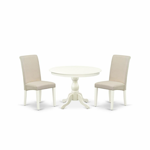 East West Furniture HBBA3-LWH-01 3 Piece Dining Room Set - Linen White Dining Table and 2 Cream Linen Fabric Comfortable Chairs with High Back - Linen White Finish