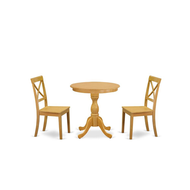 East West Furniture - ESBO3-OAK-W - 3-Pc Modern Dining Room Table Set - 2 Wood Dining Chairs and 1 Dining Room Table (Oak Finish)