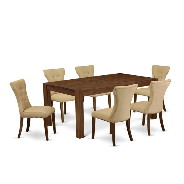 East West Furniture LMGA7-N8-03 7-Piece Dinette Set- 6 Dining Chair with Brown Linen Fabric Seat and Button Tufted Chair Back - Rectangular Table Top & Wooden 4 Legs - Antique Walnut Finish