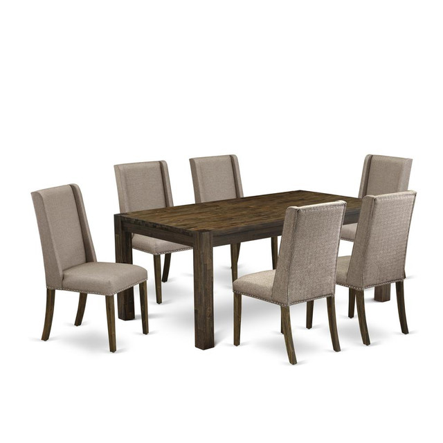 East West Furniture LMFL7-77-16 7-Pc Dining Table Set- 6 Kitchen Chairs with Dark Khaki Linen Fabric Seat and Stylish Chair Back - Rectangular Table Top & Wooden 4 Legs - Distressed Jacobean Finish