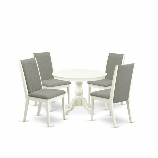 East West Furniture HBLA5-LWH-06 5 Piece Modern Dining Table Set - Linen White Breakfast Table and 4 Shitake Linen Fabric Modern Dining Chairs with High Back - Linen White Finish