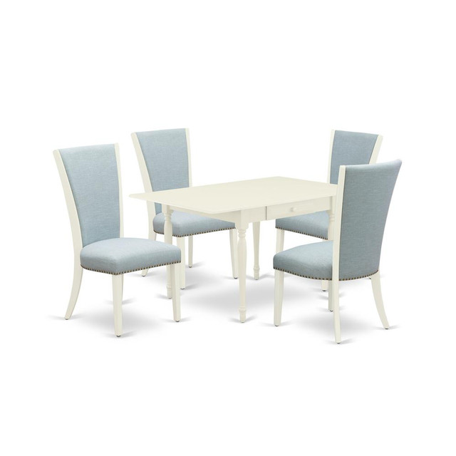 East-West Furniture MZVE5-LWH-15 - A dinette set of 4 excellent indoor dining chairs with Linen Fabric Baby Blue color and a fantastic wooden dining table with Linen White color