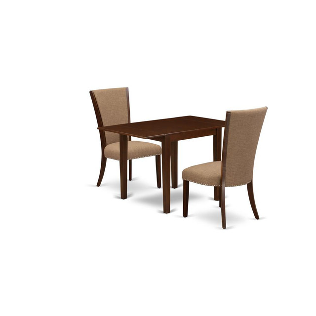 East-West Furniture NDVE3-MAH-47 - A kitchen dining table set of two amazing kitchen chairs with Linen Fabric Light Sable color and a gorgeous  drop leaf rectangle dining table with Mahogany Finish