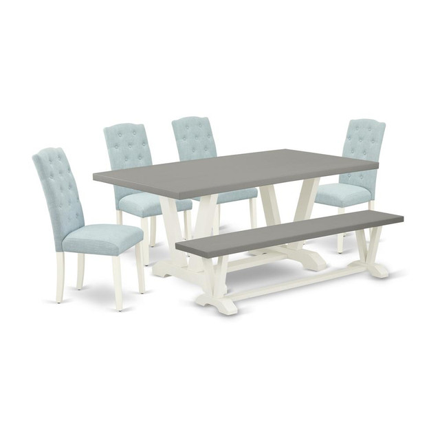 East West Furniture 6-Piece Dining Room Table Set- 4 Parson Dining Chairs with Baby Blue Linen Fabric Seat and Button Tufted Chair Back - Rectangular Top & Wooden Legs Dining Table and Wooden Bench -