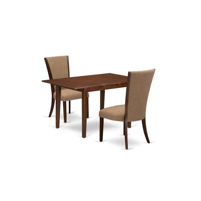 East-West Furniture PSVE3-MAH-47 - A dinette set of 2 great indoor dining chairs using Linen Fabric Light Sable color and a fantastic  12" butterfly leaf rectangle dining table in Mahogany Finish