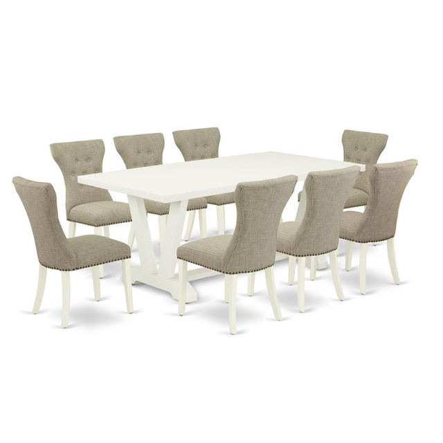 East West Furniture 9-Piece Modern Dining Set- 8 Kitchen Chairs with Doeskin Linen Fabric Seat and Button Tufted Chair Back - Rectangular Table Top & Wooden Legs - Linen White Finish