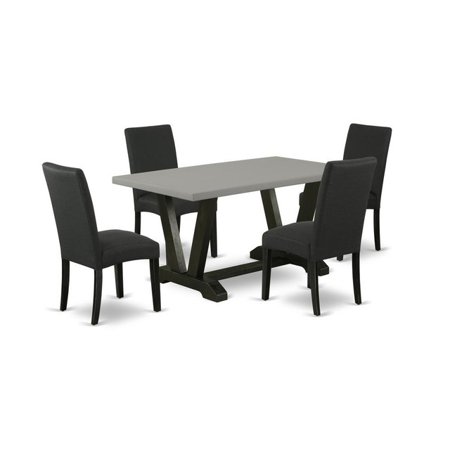 East West Furniture 5-Pc Kitchen Dining Set- 4 Parson Dining Chairs with Black Linen Fabric Seat and Stylish Chair Back - Rectangular Table Top & Wooden Legs - Cement and Black Finish