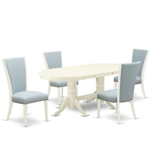 East-West Furniture VAVE5-LWH-15 - A dinette set of 4 great indoor dining chairs with Linen Fabric Baby Blue color and a gorgeous wood table with Linen White color