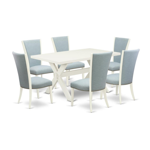 East West Furniture X026VE215-7 7 Piece Mid Century Dining Set - 6 Baby Blue Linen Fabric Kitchen Chair with Nailheads and Linen White Wooden Dining Table - Linen White Finish