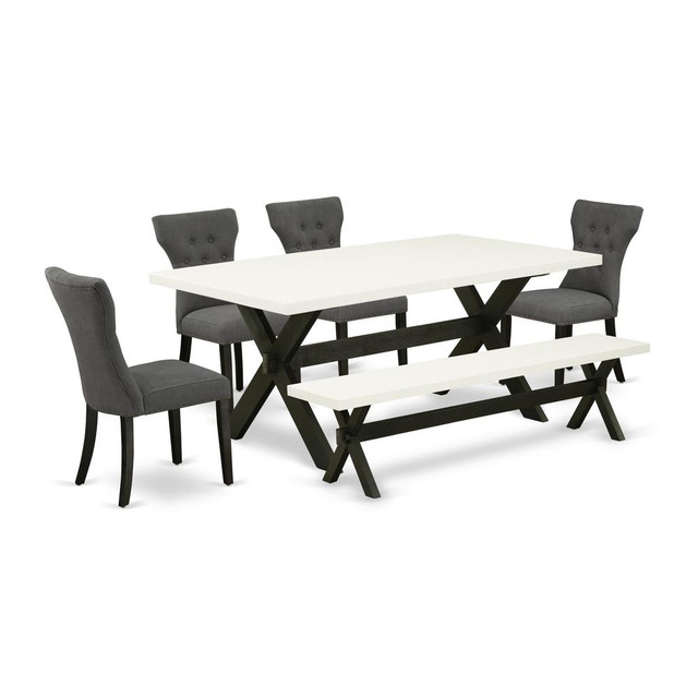 East West Furniture 6-Pc Dinette Set-Dark Gotham Grey Linen Fabric Seat and Button Tufted Chair Back Kitchen chairs, A Rectangular Bench and Rectangular Top Dining Table with Wood Legs - Linen White a