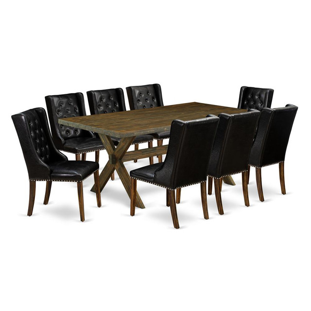 East West Furniture X777FO749-9 9-Piece Dinette Set - 8 Black Pu Leather Padded Chair Button Tufted with Nail heads and Rectangular Table - Distressed Jacobean Finish
