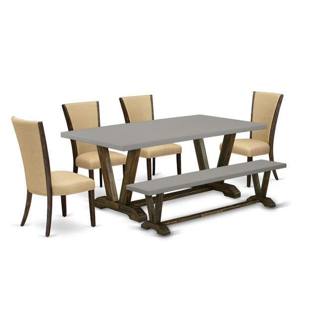 East West Furniture V797VE703-6 6 Piece Table Set - 4 Brown Linen Fabric Modern Dining Chairs with Nailheads and Cement Kitchen Table - 1 Kitchen Bench - Distressed Jacobean Finish