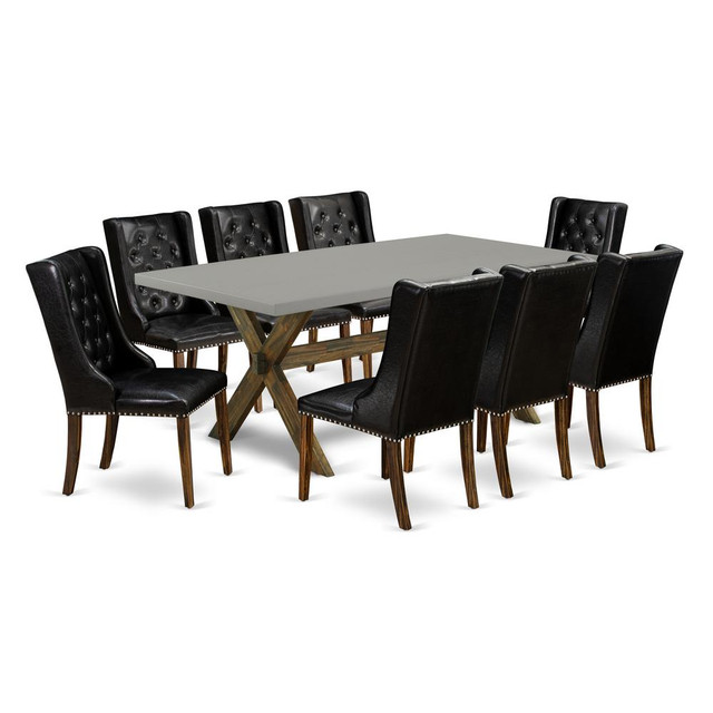 East West Furniture X797FO749-9 9-Piece Dining Room Table Set - 8 Black Pu Leather Dining Chair Button Tufted with Nail heads and Rectangular Table - Distressed Jacobean Finish