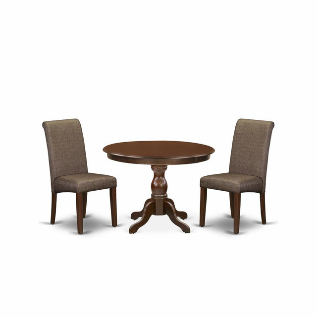 East West Furniture HBBA3-MAH-18 3 Piece Table and Chairs Dining Set - Mahogany Wood Dining Table and 2 Brown Faux Leather Dining Room Chairs with High Back - Mahogany Finish