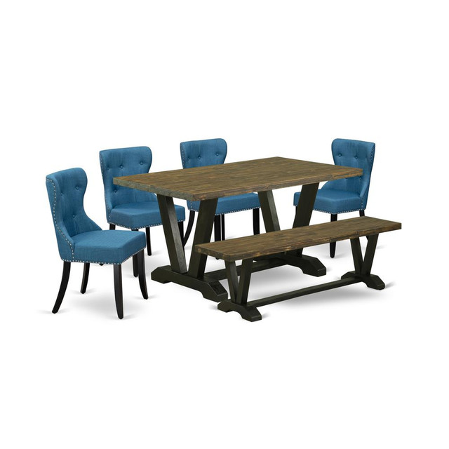 East West Furniture V676SI121-6 6-Piece Dining Table Set- 4 Parson Dining Room Chairs with Blue Linen Fabric Seat and Button Tufted Chair Back - Rectangular Top & Wooden Legs Wood Kitchen Table and Wo