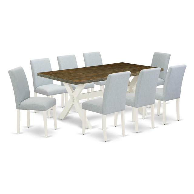 East West Furniture 9-Piece wooden dining table set Includes 8 Kitchen Chairs with Upholstered Seat and High Back and a Rectangular Kitchen Table - Linen White Finish