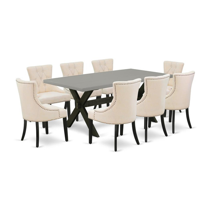 East West Furniture X697FR102-9 9-Pc Kitchen Dining Room Set - 8 Parson Chairs and 1 Modern Rectangular Cement Breakfast Table Top with Button Tufted Chair Back - Wire Brushed Black Finish