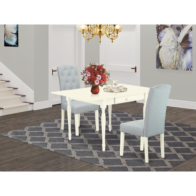 1MZCE3-LWH-15 3Pc Dining Table Set Contains a Wood Dining Table and 2 Upholstered Dining Chairs with Baby Blue Color Linen Fabric, Drop Leaf Table with Full Back Chairs, Linen White Finish