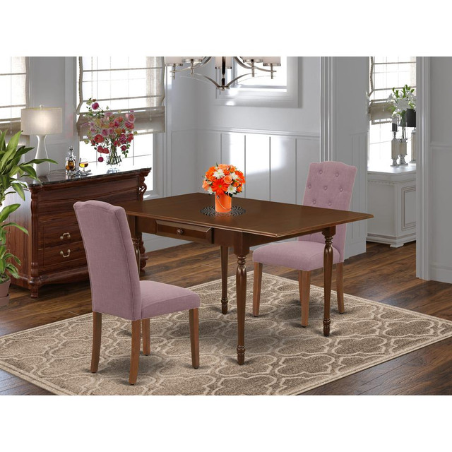 1MZCE3-MAH-10 3Pc Dining Room Table Set Offers a Modern Dining Table and 2 Parsons Dining Chairs with Dahlia Color Linen Fabric, Drop Leaf Table with Full Back Chairs, Mahogany Finish