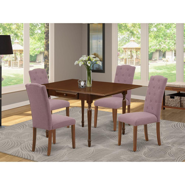 1MZCE5-MAH-10 5Pc Dinette Set Offers a Wood Table and 4 Parsons Dining Chairs with Dahlia Color Linen Fabric, Drop Leaf Table with Full Back Chairs, Mahogany Finish