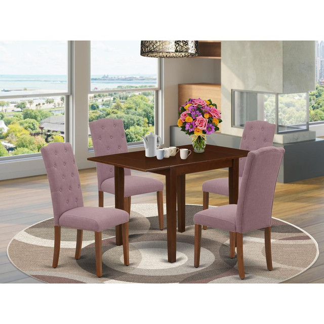 1NDCE5-MAH-10 Dining Set 5 Pc - 4 Kitchen Chairs and a Wooden Table - Mahogany Finish Solid wood - Dahlia Color Linen Fabric